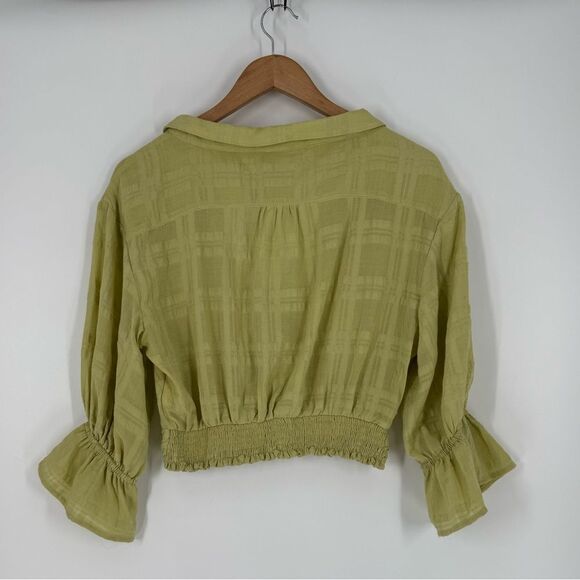 Anthropologie Cropped Bell Sleeve Wrap Top in Green | Size XS - Picture 2 of 7